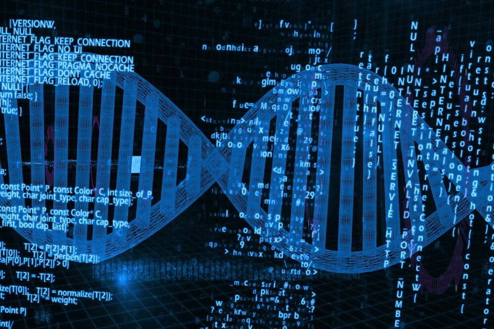 DNA illustration overlayed on computer code